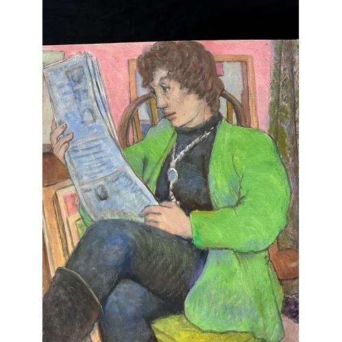 2d - Peter Samuelson (British 1912-1996) Oil on Board - Seated lady in green jacket reading a newspaper 1... 