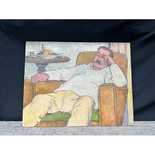 2f - Peter Samuelson (British 1912-1996) Oil on Board - A Man in a brown chair on a green cushion 1989 (4... 