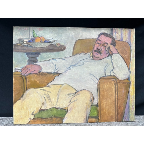 2f - Peter Samuelson (British 1912-1996) Oil on Board - A Man in a brown chair on a green cushion 1989 (4... 