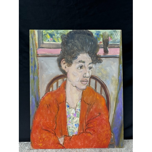 2g - Peter Samuelson (British 1912-1996) Oil on Board - A Lady with beehive and blood orange jacket 1992 ... 