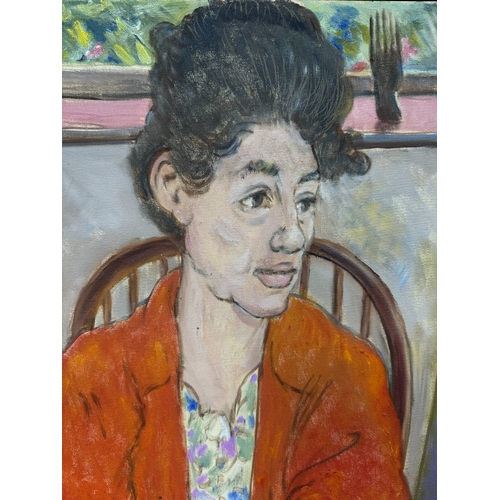 2g - Peter Samuelson (British 1912-1996) Oil on Board - A Lady with beehive and blood orange jacket 1992 ... 