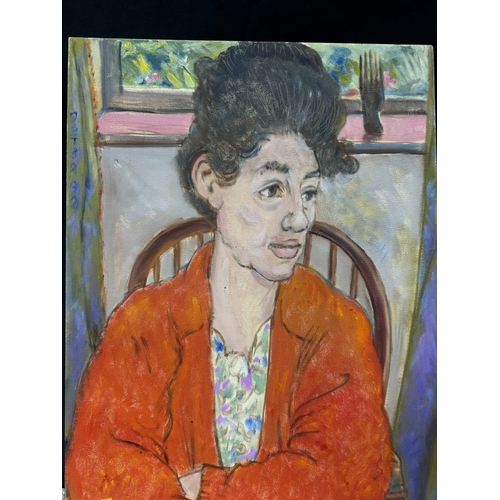 2g - Peter Samuelson (British 1912-1996) Oil on Board - A Lady with beehive and blood orange jacket 1992 ... 