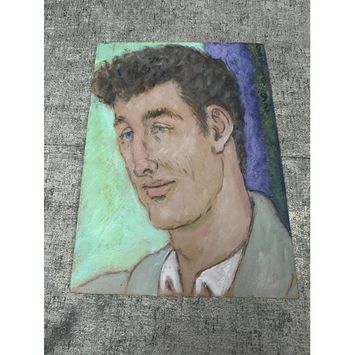 2q - Peter Samuelson (British 1912-1996) Works on Cardboard- A Blue-eyed man in a grey jacket and a pale ... 