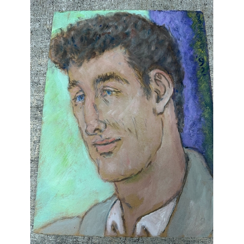 2q - Peter Samuelson (British 1912-1996) Works on Cardboard- A Blue-eyed man in a grey jacket and a pale ... 