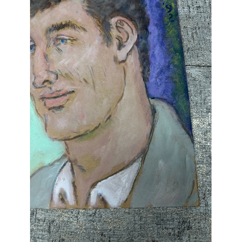 2q - Peter Samuelson (British 1912-1996) Works on Cardboard- A Blue-eyed man in a grey jacket and a pale ... 