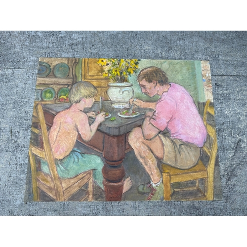 2r - Peter Samuelson (British 1912-1996) On Canvas Panel- A Father and son eating at the table 1990 (46cm... 