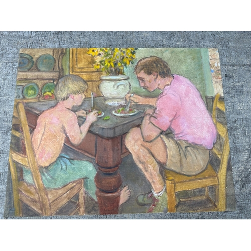 2r - Peter Samuelson (British 1912-1996) On Canvas Panel- A Father and son eating at the table 1990 (46cm... 