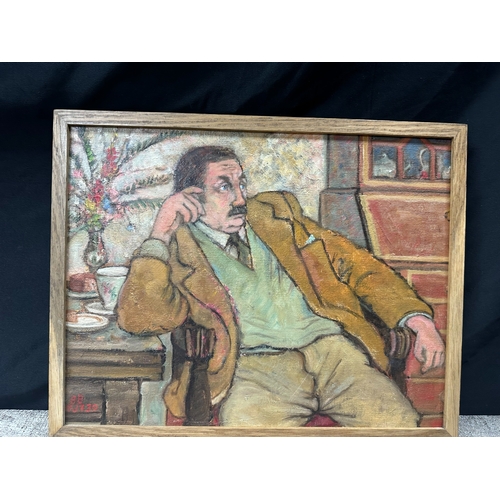 2s - Peter Samuelson (British 1912-1996) Framed Oil on Board- A seated man leaning on a table by a sidebo... 