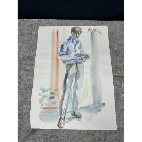 2t - Peter Samuelson (British 1912-1996) Watercolor Painting- A full-length young man in a light blue shi... 