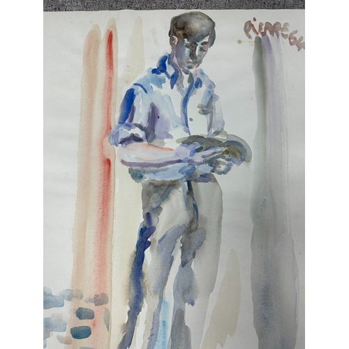 2t - Peter Samuelson (British 1912-1996) Watercolor Painting- A full-length young man in a light blue shi... 