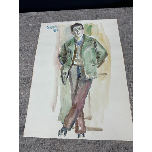 2u - Peter Samuelson (British 1912-1996) Watercolor Painting- A full-length young man in green coat-brown... 