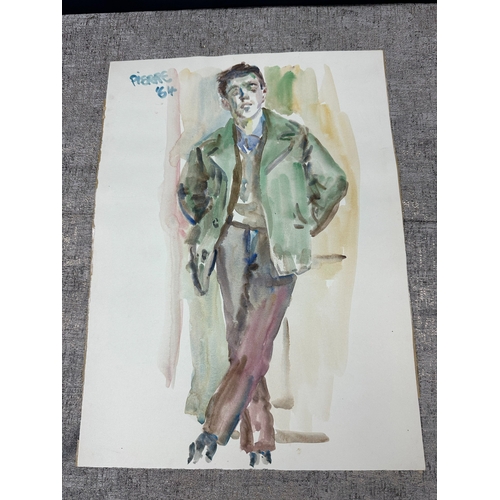 2u - Peter Samuelson (British 1912-1996) Watercolor Painting- A full-length young man in green coat-brown... 