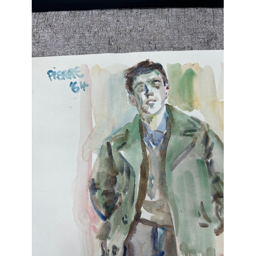 2u - Peter Samuelson (British 1912-1996) Watercolor Painting- A full-length young man in green coat-brown... 