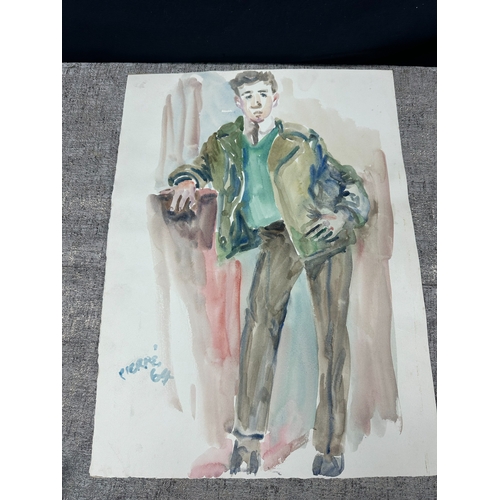 2v - Peter Samuelson (British 1912-1996) Watercolor Painting - A Full-length boy in shades of green, elbo... 