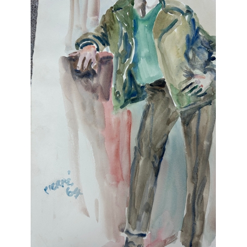 2v - Peter Samuelson (British 1912-1996) Watercolor Painting - A Full-length boy in shades of green, elbo... 