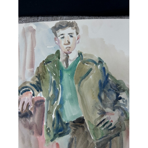 2v - Peter Samuelson (British 1912-1996) Watercolor Painting - A Full-length boy in shades of green, elbo... 