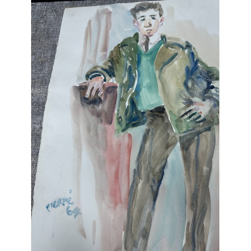 2v - Peter Samuelson (British 1912-1996) Watercolor Painting - A Full-length boy in shades of green, elbo... 