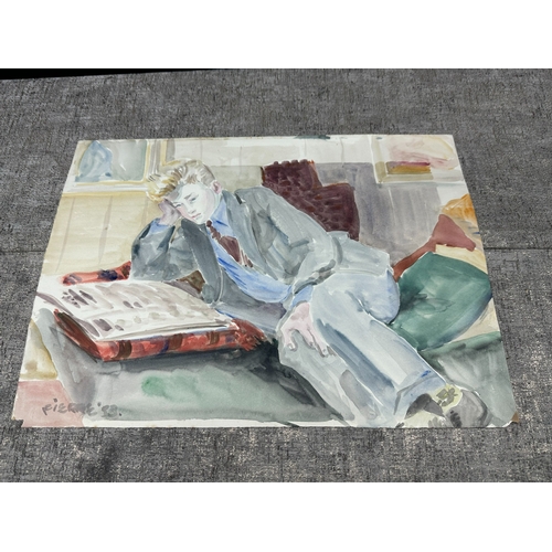 2w - Peter Samuelson (British 1912-1996) Watercolor Painting - A young man reclining on a bed reading a n... 