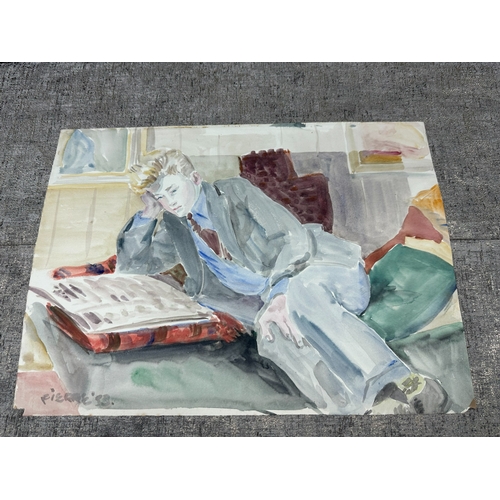 2w - Peter Samuelson (British 1912-1996) Watercolor Painting - A young man reclining on a bed reading a n... 