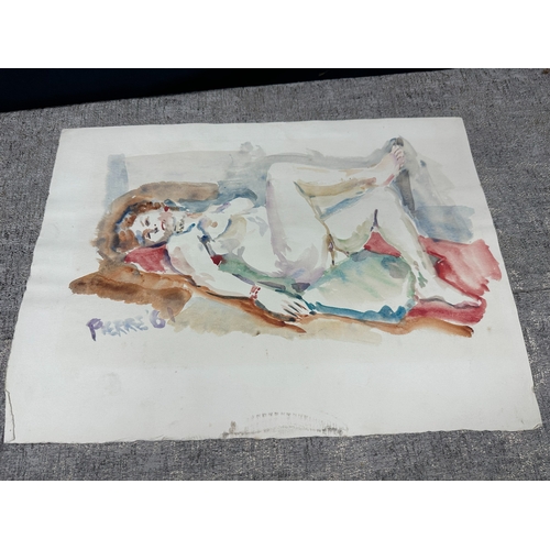 2x - Peter Samuelson (British 1912-1996) Watercolor Painting- A nude lying on her back atop a red towel 1... 