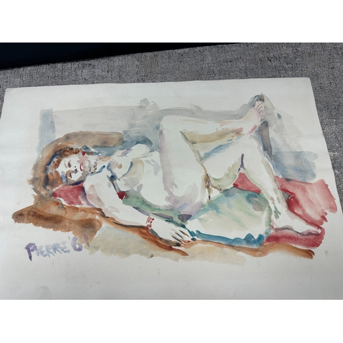 2x - Peter Samuelson (British 1912-1996) Watercolor Painting- A nude lying on her back on a red towel 196... 