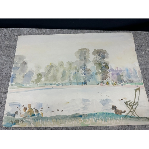 2y - Peter Samuelson (British 1912-1996) Watercolor Painting- A Family by a lake, with a dog by a chair 1... 