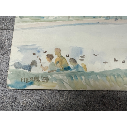 2y - Peter Samuelson (British 1912-1996) Watercolor Painting- A Family by a lake, with a dog by a chair 1... 