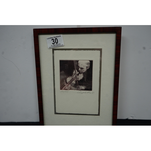 328 - Framed Signed Ltd Edition Etching of a Violinist H:25xW:19