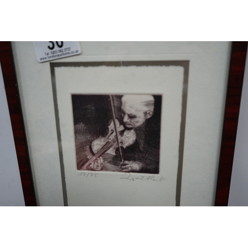 328 - Framed Signed Ltd Edition Etching of a Violinist H:25xW:19