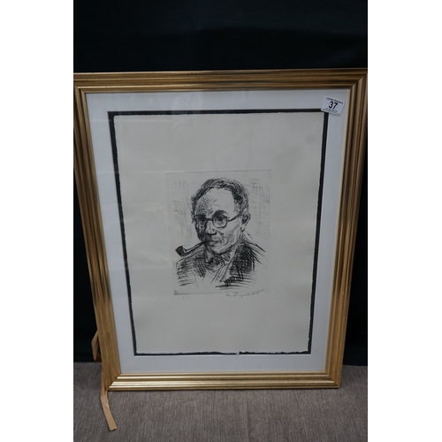 334 - Framed Good Quality Hand Signed Print of a Man Smoking a Pipe 55cm x 70cm