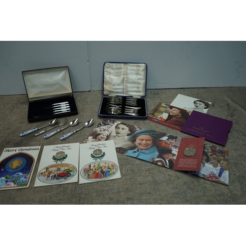 1238 - Queen Elizabeth Golden Jubilee £5 coin Mint and Packaged, 3 Other Mint Coins & Two Vintage Cutlery S... 