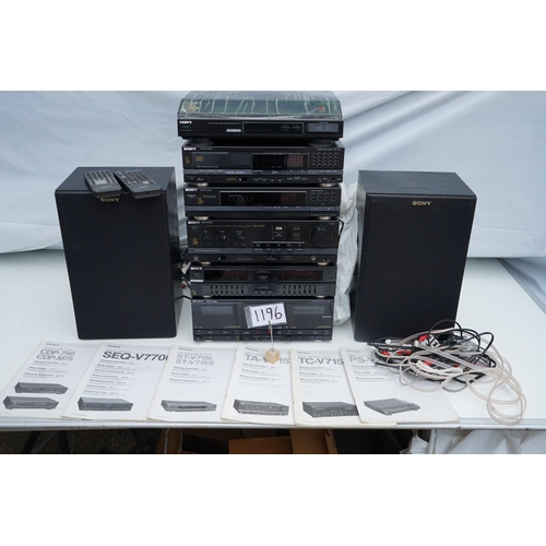 1196 - Collection of Sony stereo components, including two speakers, a turntable, multiple audio units, rem... 