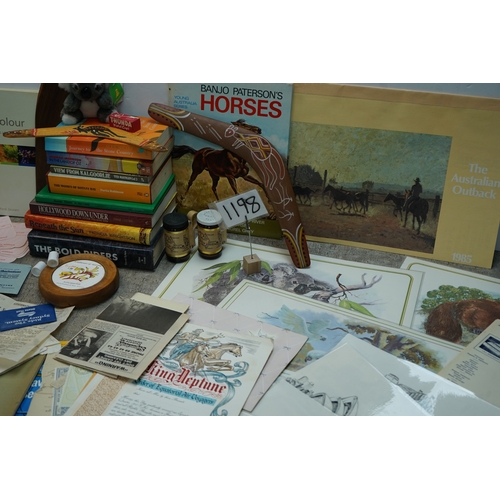 1198 - Collection of Australian-themed items including multiple books, Aboriginal art boomerang, artwork pr... 