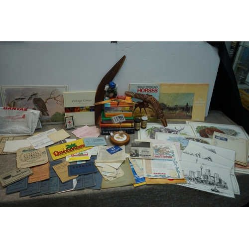 1198 - Collection of Australian-themed items including multiple books, Aboriginal art boomerang, artwork pr... 