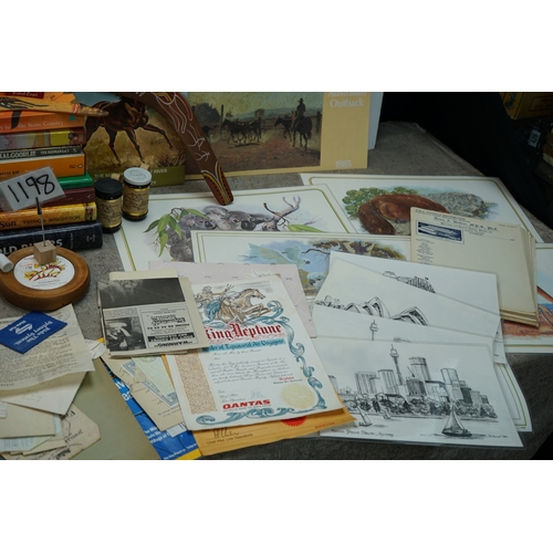 1198 - Collection of Australian-themed items including multiple books, Aboriginal art boomerang, artwork pr... 