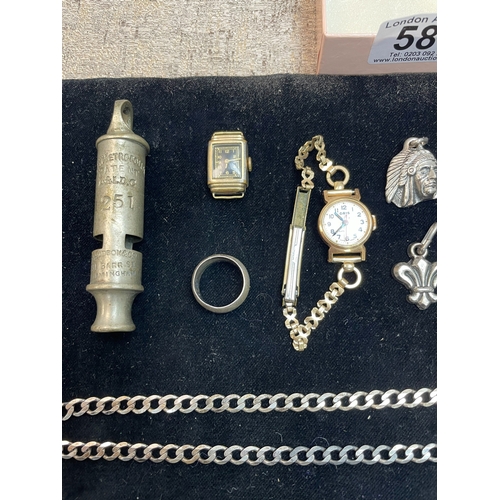 588 - Old Metropolitan Whistle, Various Jewellery, Rolled Gold Watch, Victorian Silver Brooch, Silver Chai... 