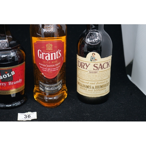 36 - 4 bottles of spirits to include Grants scotch whisky, French pure grape Brandy, Cherry Bols and Dry ... 