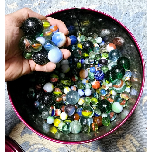 66 - Old Quality Street tin containing large qty of vintage marbles