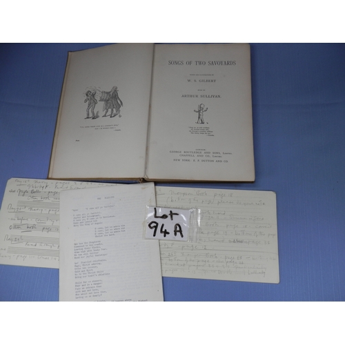 94a - Vintage Book titled Songs of Two Savoyards W S Gilbert as the Lyricist  and Arthur Sullivan as the c... 