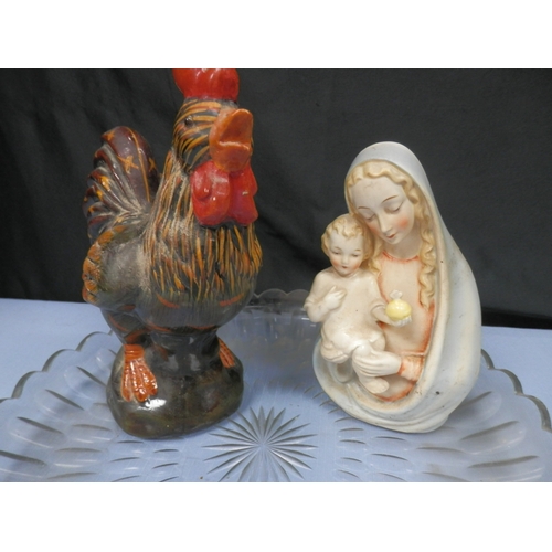 110 - Ceramic Rooster, Madonna and Child Figurine and glass plate.