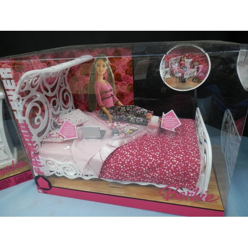 118 - Collection of Barbie Fashion Fever dolls with furniture, including a vanity set and bed set. All new... 