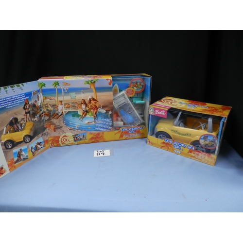 119 - Barbie California Girl Pool Playset, includes accessories for beach-themed setup, by Mattel. All new... 