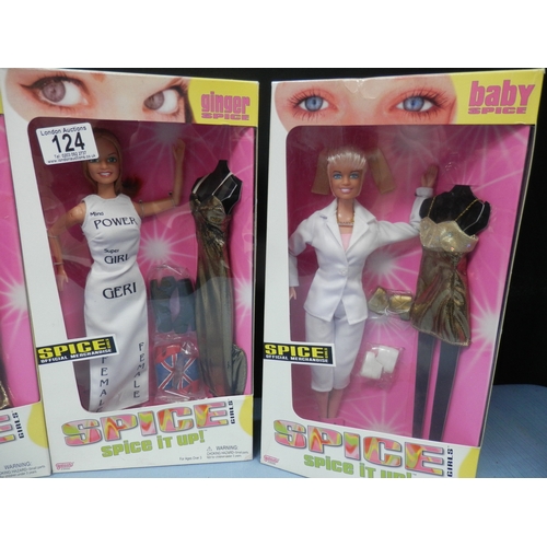 124 - Collection of Spice Girls dolls in original packaging, includes Sporty, Posh, Ginger, and Baby. All ... 