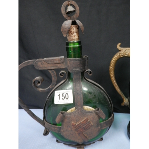 150 - Antique Green Glass German wine Bottle with Metal Cladding & another Green Decanter