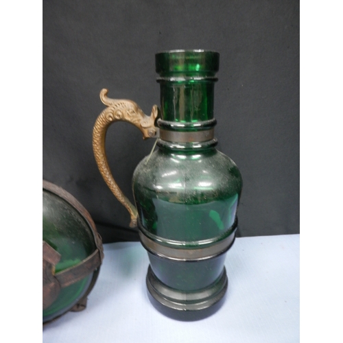 150 - Antique Green Glass German wine Bottle with Metal Cladding & another Green Decanter