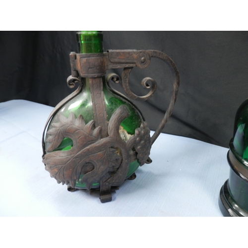 150 - Antique Green Glass German wine Bottle with Metal Cladding & another Green Decanter