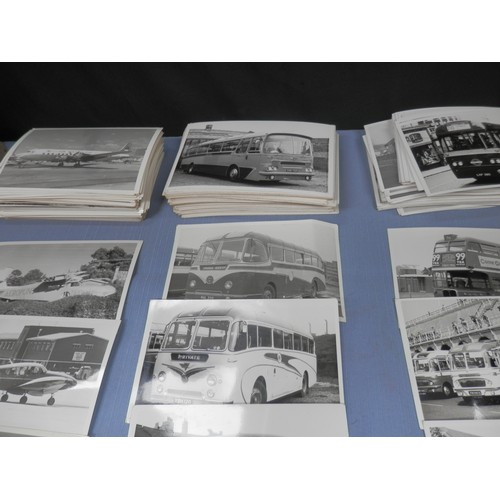 160a - Collection of vintage black and white photographs featuring various airplanes and buses.