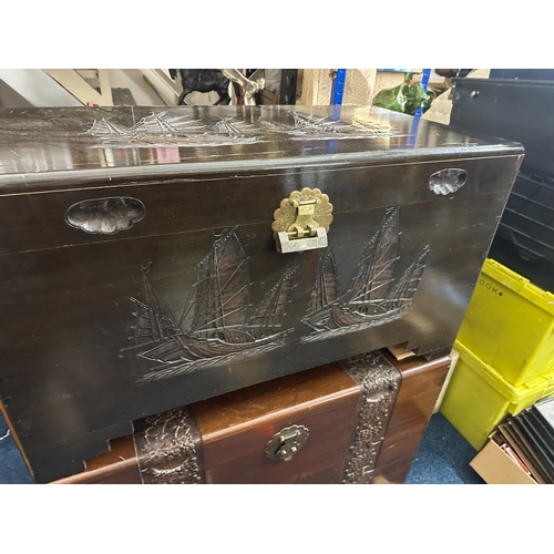 449D - Chinese Mid Century Wooden Camphor Chest with Sail Ships Decoration