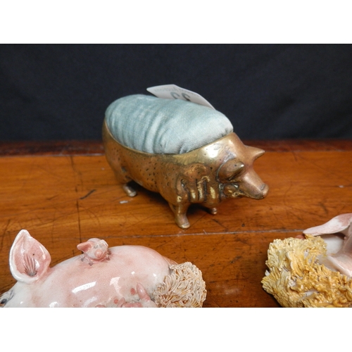 32 - Victorian Brass Pin Cushion in the form of a Pig together with Two Basil Matthews Pig Figurines