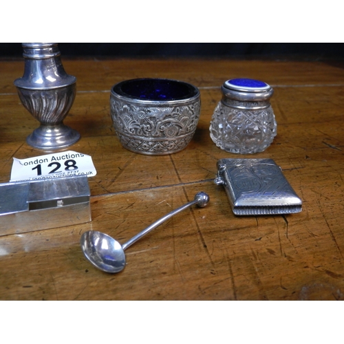 128 - Collection of Silver Items to include Pair of Salts with Blue Glass, Vesta Cases, Pepper Shaker and ... 